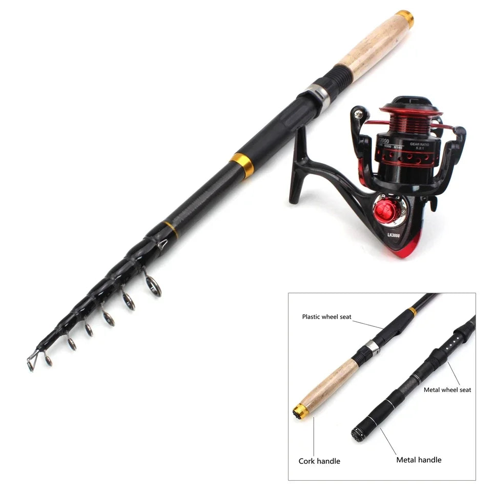 Portable fishing rod and reel set Carbon Fiber telescopic rod Cork handle carp Spinning Rod Outdoor sports fishing fish pole