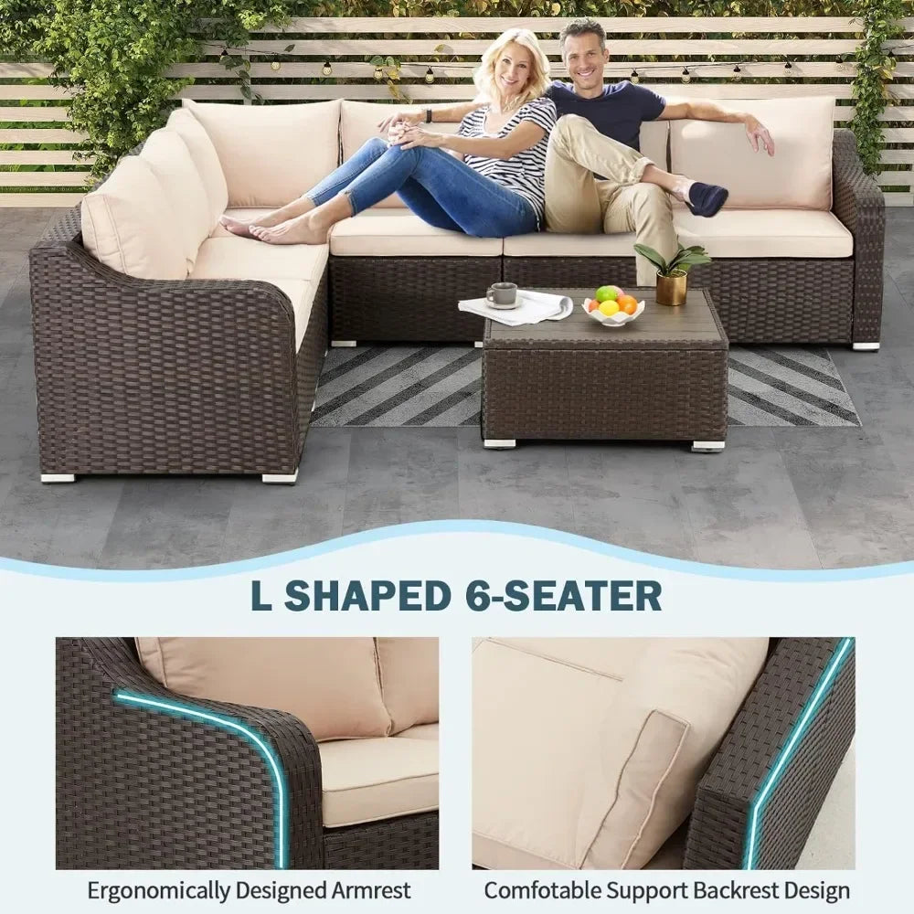 Patio Furniture 7-Piec Set, Rattan Wicker Outdoor Sectional Furnitures Sets, Conversation Sofa Set with Table & Thick Cushion