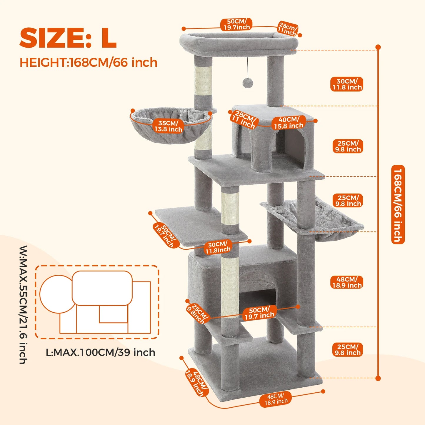 Tall Cat Tree Tower for Indoor Spacious Top Perch Anti-tip Kit Stable Sisal Scratching Post for Kitten Cozy Large Condo Grey