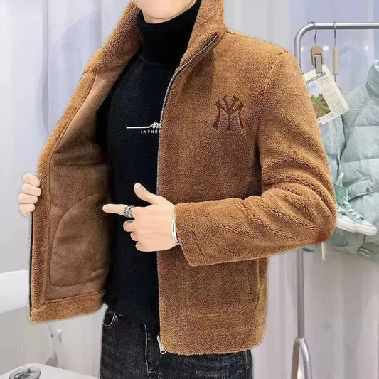 2024Fashionable autumn and winter new lamb wool jacket men's stand up collar trend with thick wool men's cotton jacket