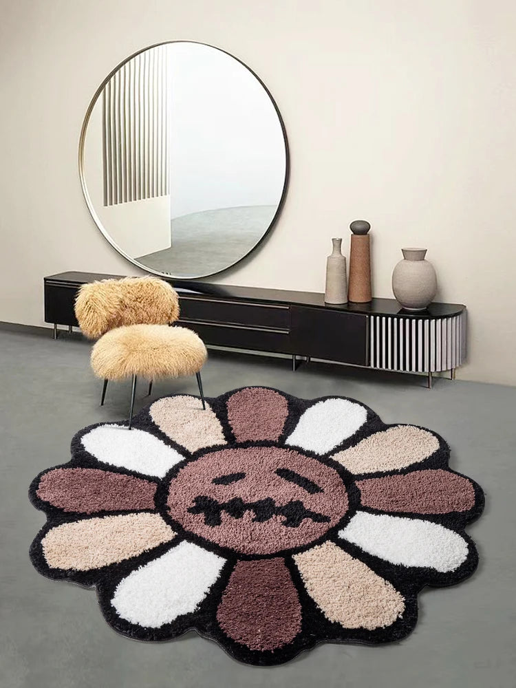 Smiling Face Tufted Rug Flower Art Rug for Bedroom Living Room Retro Rainbow Fluffy Bathroom Smile Rug Nonslip Mat Home Decor