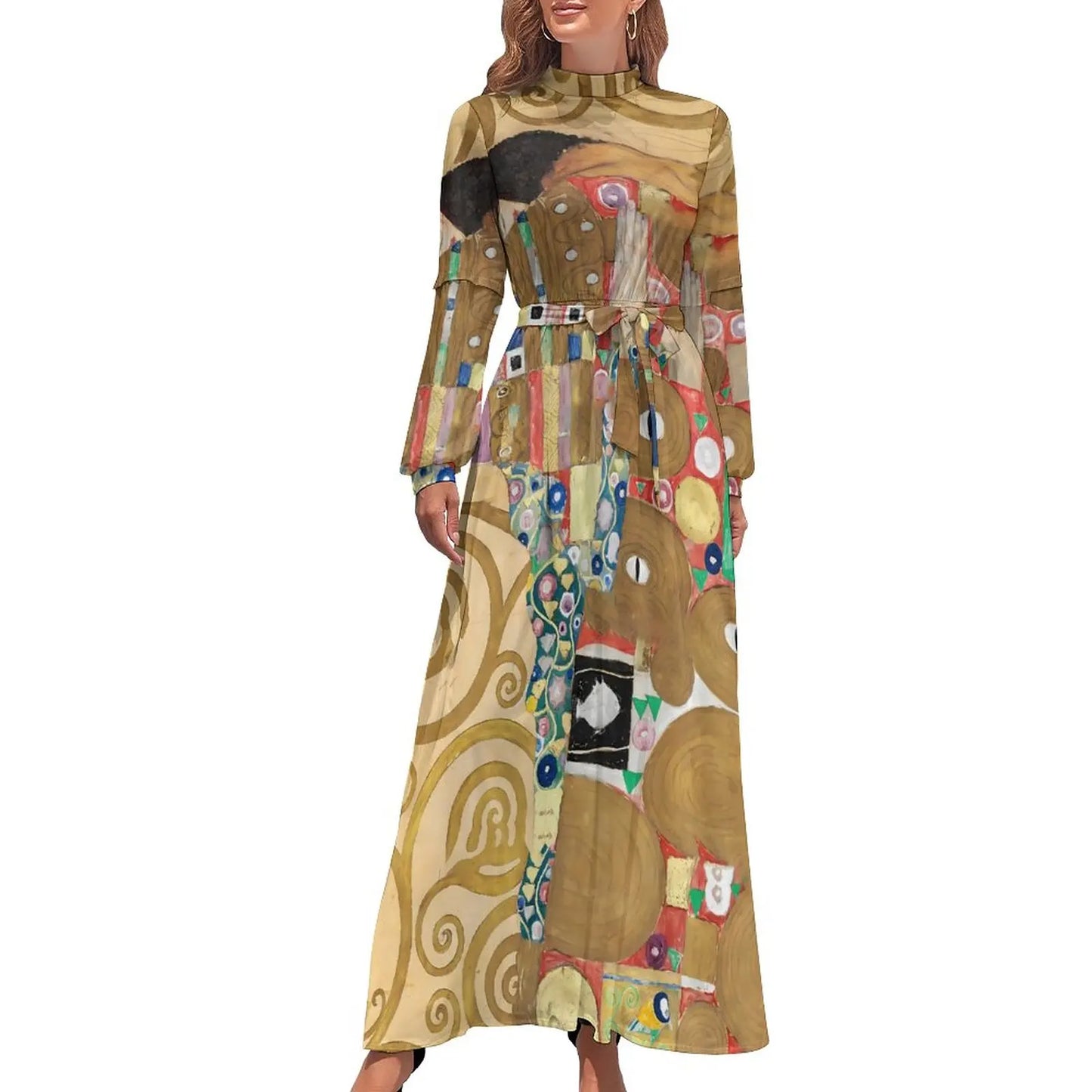 Klimt Art Dress High Neck Adele Gallery Custom Bohemia Dresses Long Sleeve Street Fashion Long Maxi Dress Cute Vestido