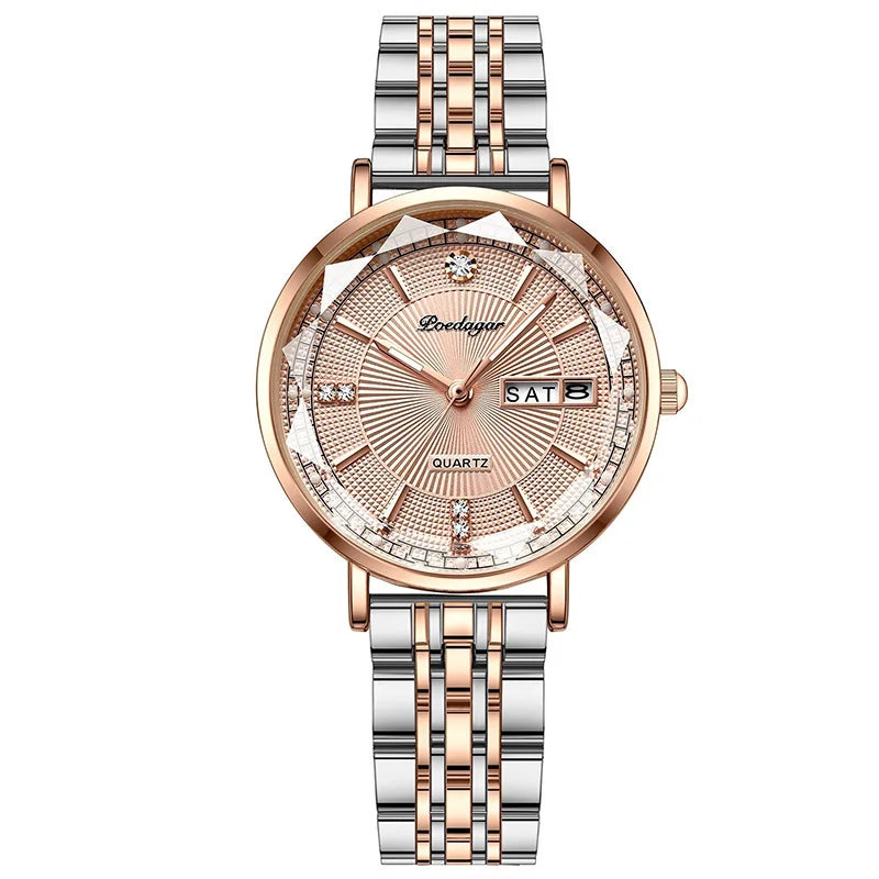 POEDAGAR New Arrival Women Brand Watch Fashion Diamond Dial Luxury Luminous Stainless Steel Ladies Quartz Watches Rose Gold 2023