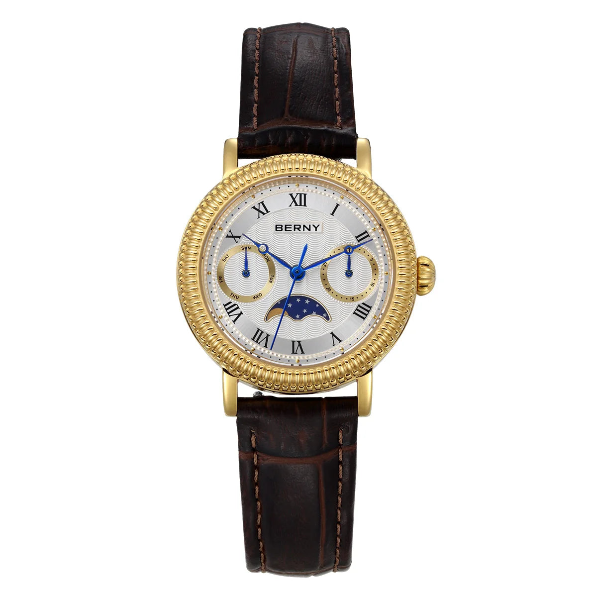 BERNY Watches for Women Week Calendar Sapphire Luxury Dress Ladies Gold Quartz Watch Elegant Vintage Moon Phase Wristwatch Gifts