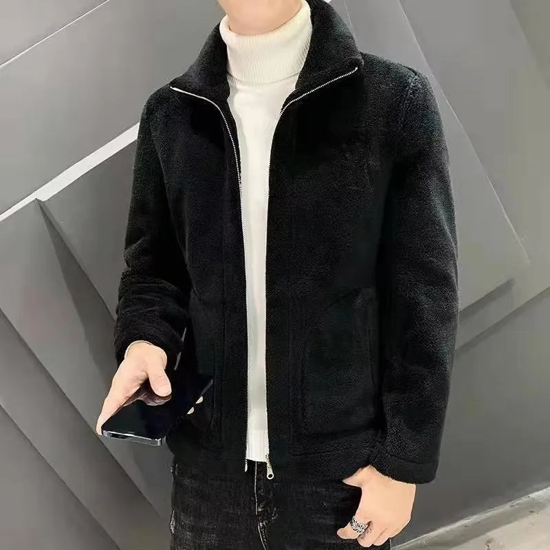 2024Fashionable autumn and winter new lamb wool jacket men's stand up collar trend with thick wool men's cotton jacket