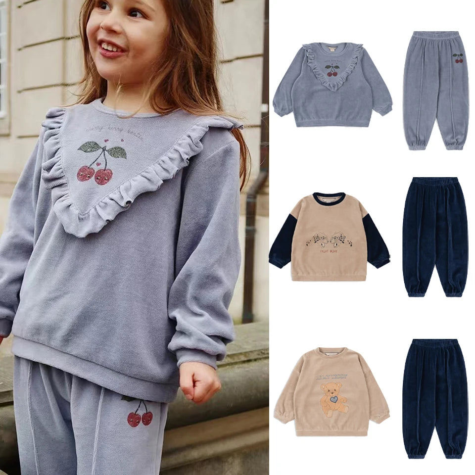 Children Clothes Set 2024 Autumn KS Girls Cute Velvet Casual Hoodies Pants Boys Soft Sweatshirts Hoodied Trousers Kids Outwear