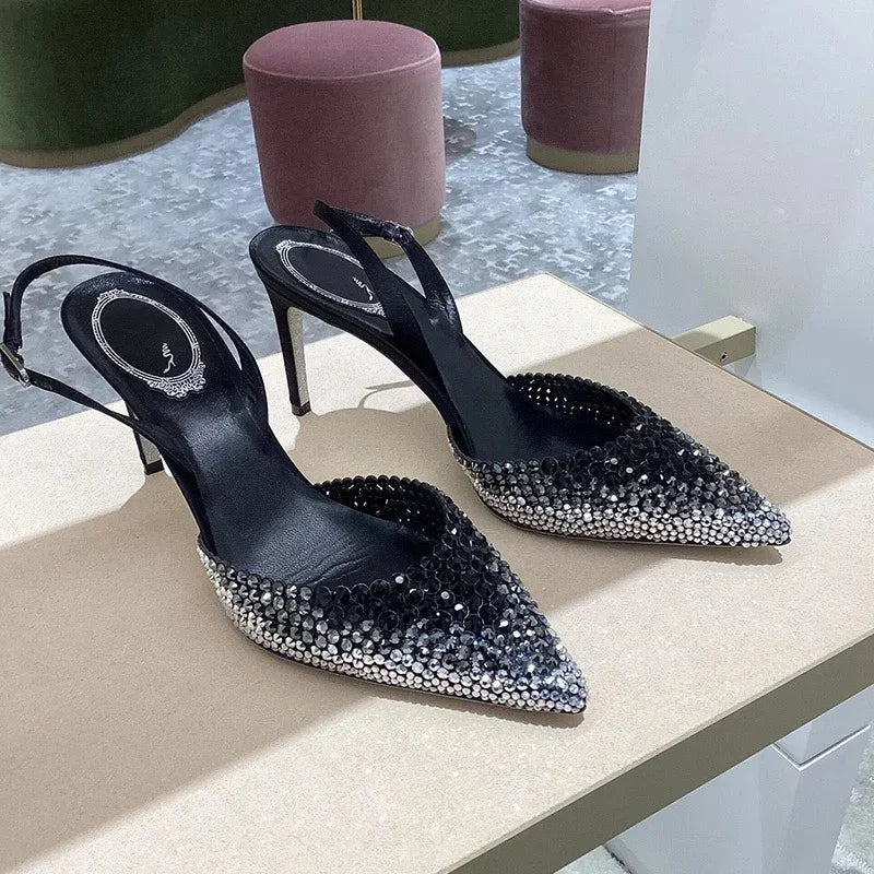 New Baotou sandals rhinestones gradient high heels, women's fashion, stunning temperament sandals formal dress, banquet shoes