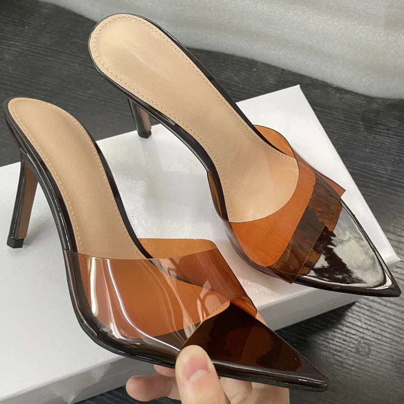 New Summer Women's High-heeled Sandals Simple Transparent High-heeled Slippers Stiletto Pointed Open-toed Slippers Mules