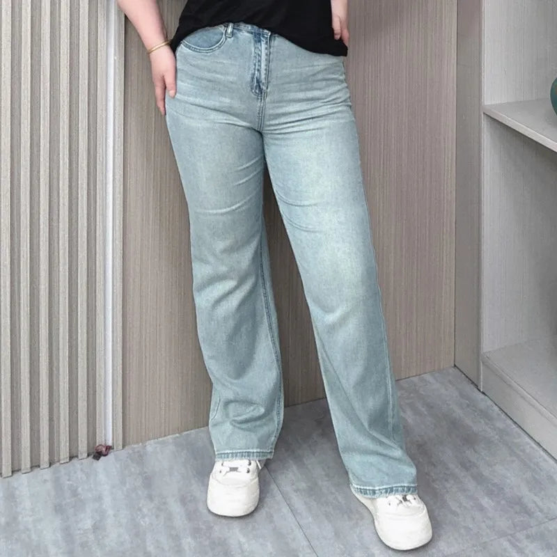 Light Blue Straight Leg Jeans Women 2024 Spring And Summer New Plus Size High Waist Casual Thin Wide Leg Long Pants