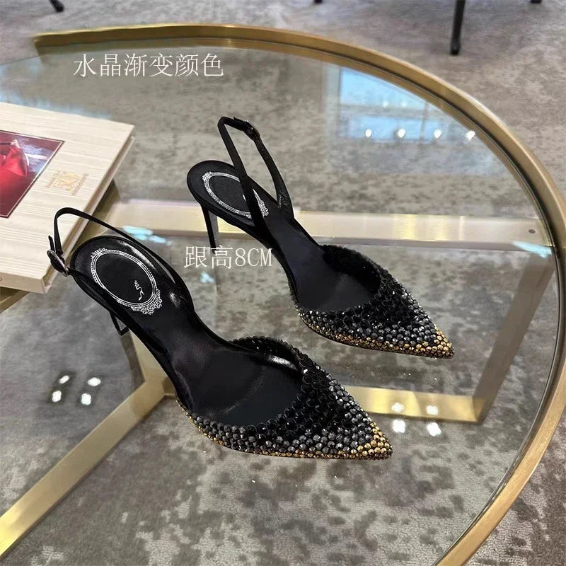 New Baotou sandals rhinestones gradient high heels, women's fashion, stunning temperament sandals formal dress, banquet shoes