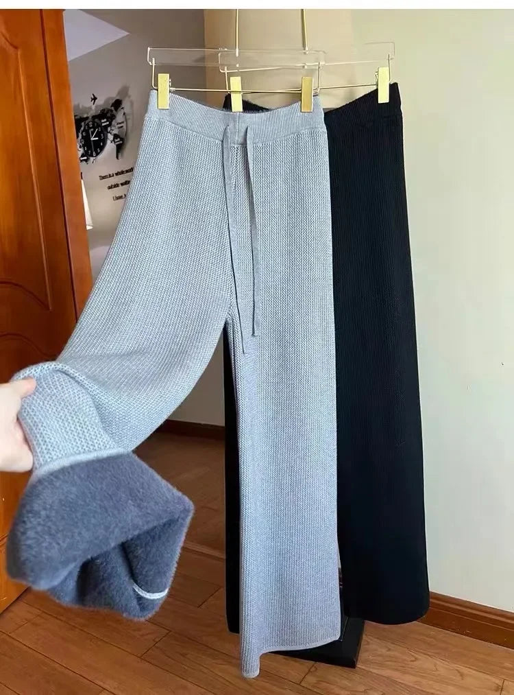 2023 Slim Simple Knit Wide-leg Pants Women's Autumn and Winter High-waisted Moped Pants Thick Casual Pants Straight