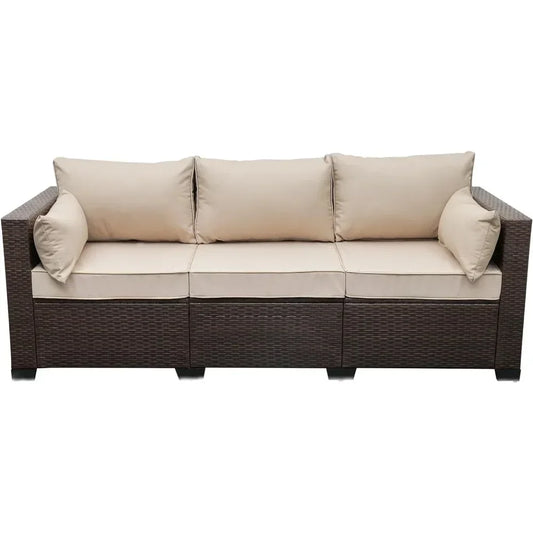 Patio Couch PE Wicker 3-Seat Outdoor Brown Rattan Sofa Deep Seating Furniture with Non-Slip Beige Cushion