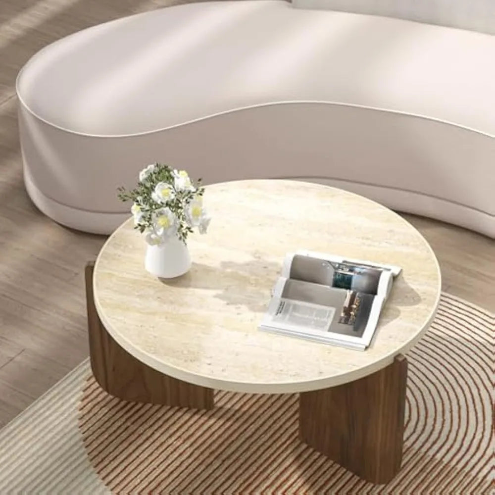 Round Travertine Texture Coffee Table – 28.4” Stone Coffee Table, Modern Design, Durable, Minimalist