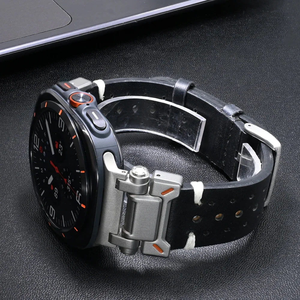 No Gaps Stainless Steel+Leather Band for Samsung Galaxy Watch Ultra 47mm Men Luxury Bracelet for GALAXY WATCH ULTRA Mecha Strap