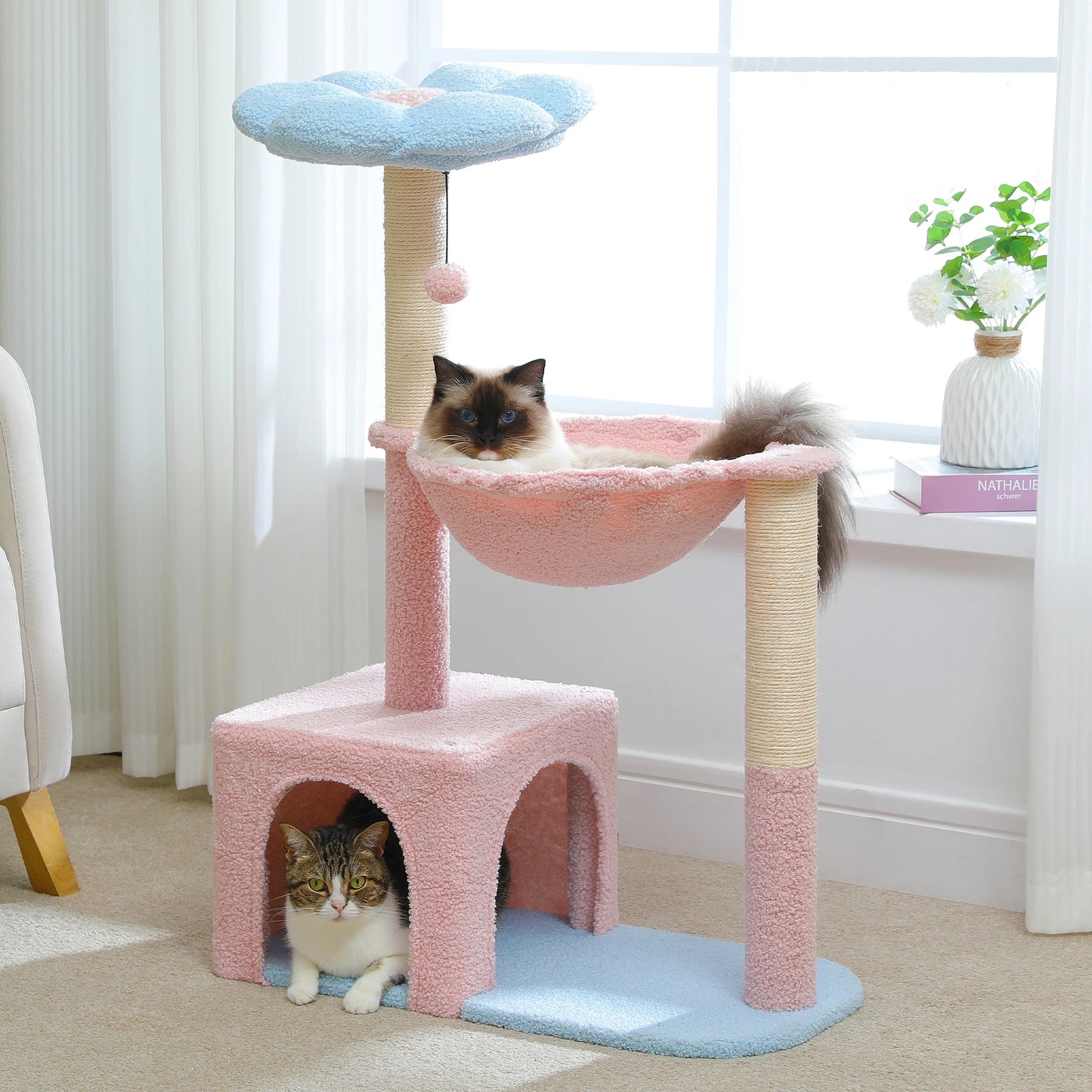 Flower Cat Tree with Large Hammock, Cute Cat Tower with Sisal Scratching Posts for Indoor, Cat Condo with Top Perch for Kittens