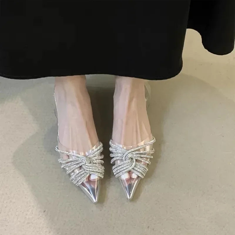 Comemore Sexy Pointed toe Women's Slingback Sandals 2024  Transparent Crystal Low Heels Elegant Simple Ladies Silver Dress Shoes