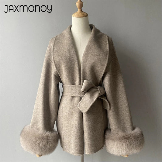 Jaxmonoy Women's Wool Coat with Real Fox Fur Collar and Cuffs Autumn Winter New Arrival Ladies Wool Jacket 2024 New In Outerwear