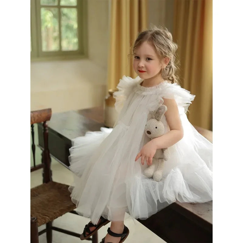 HoneyCherry Girls Handmade Splicing Fluffy Gauze Princess Dress Summer New Foreign Dresses Party Dress for Kids Girl