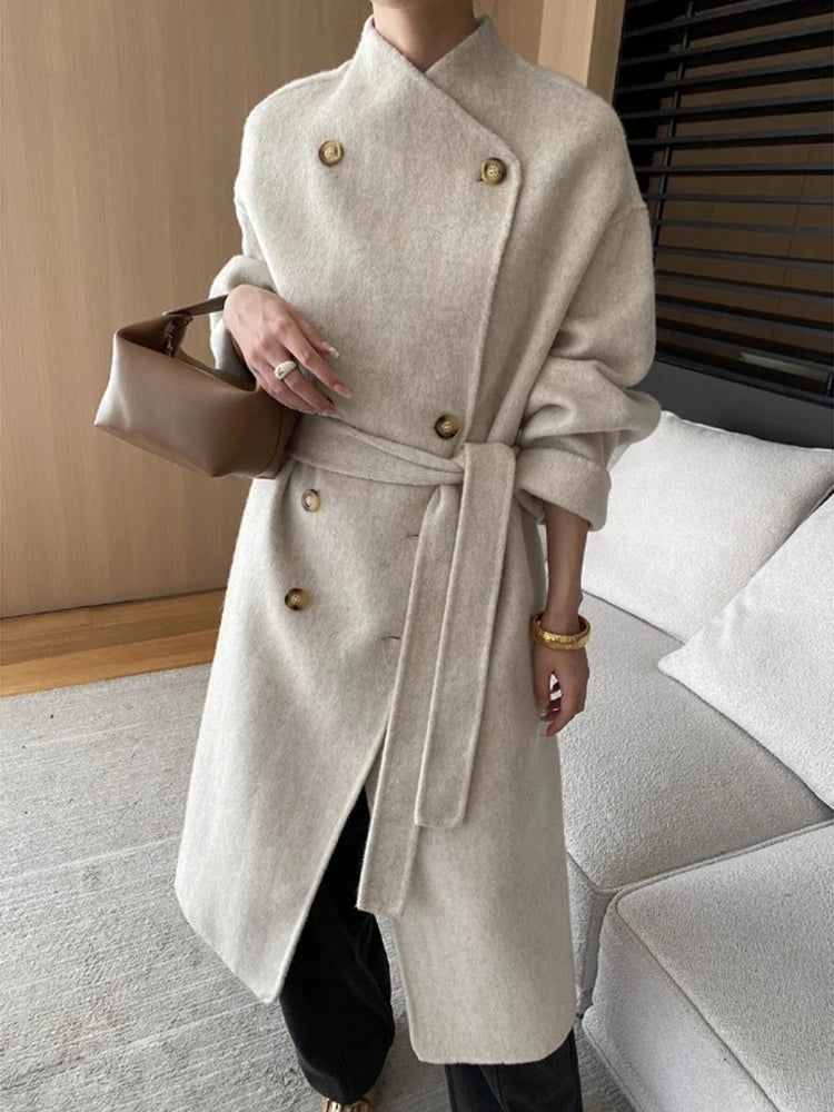 [LANMREM] Elegant Belt Gathered Wool Coat For Women Stand Neck Double Breasted High End Long Outwear 2024 Winter New 26C595