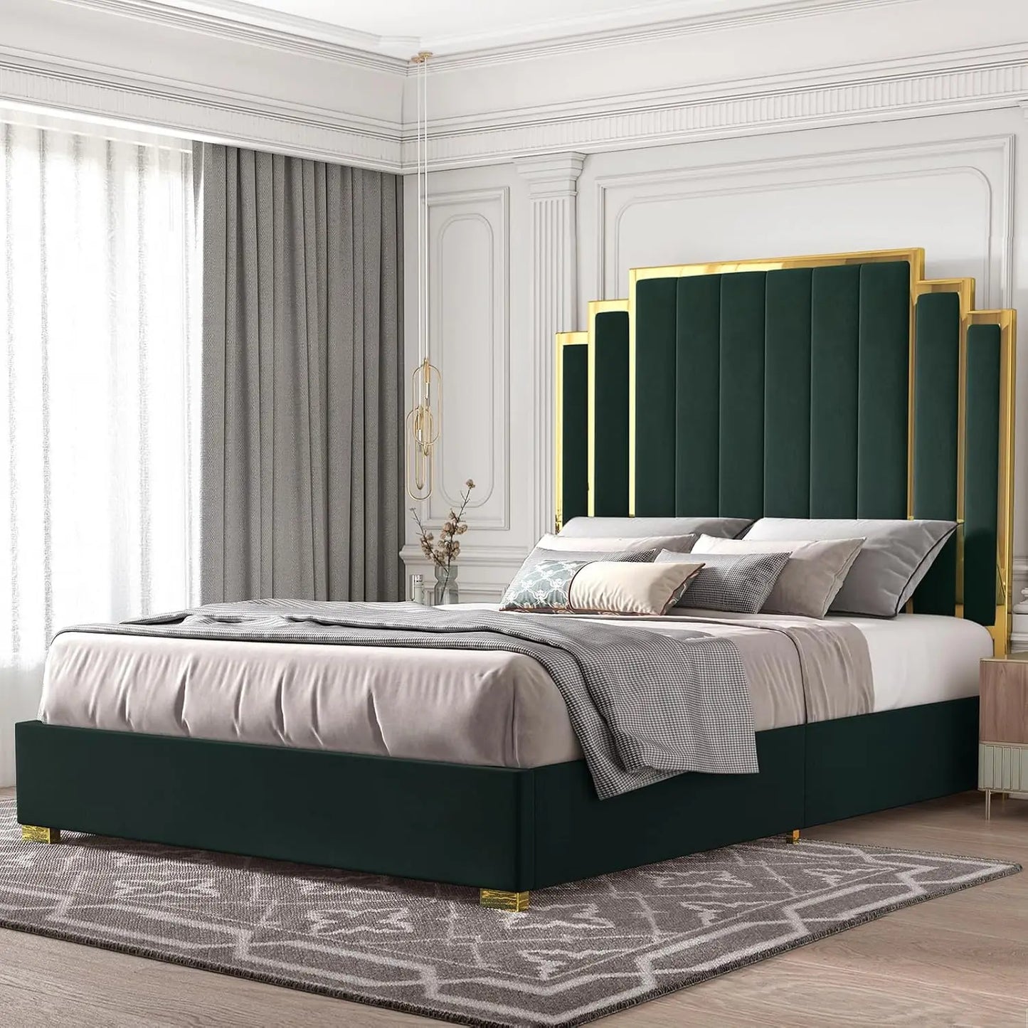 King Size Platform Bed Frame, 65" Velvet Upholstered Bed with Gold Trim Headboard/Wooden Slats