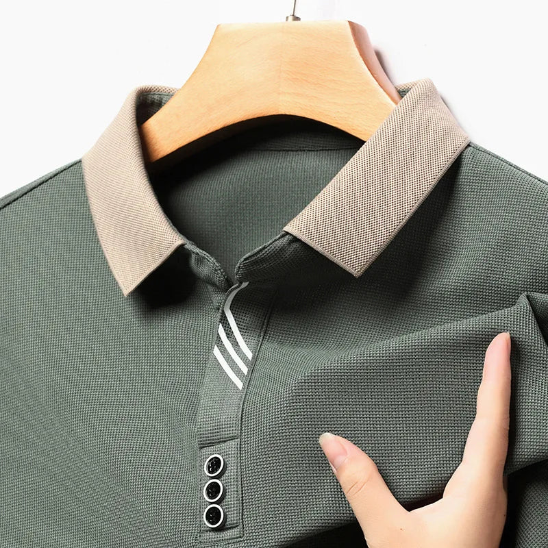 Autumn Spring New 2023 Men's Long Sleeve Polo Shirt Business Solid Scissor Neck Thin Breathable Polo T-shirt Men's Wear