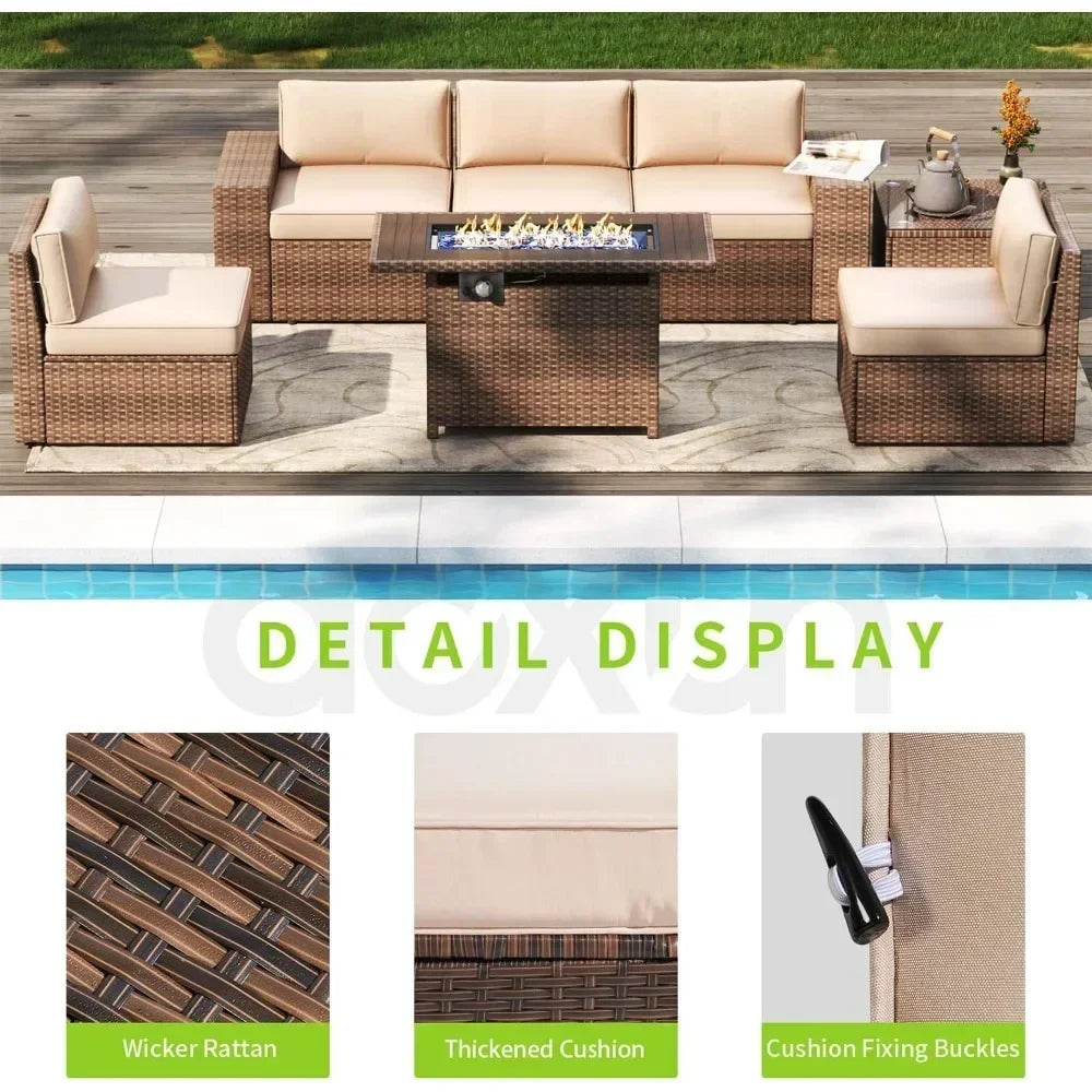 Outdoor Patio Furniture 7 Piec Set with 44” Fire Pit Table & Include Waterproof Cover with Cushions, Outdoor Furniture Set