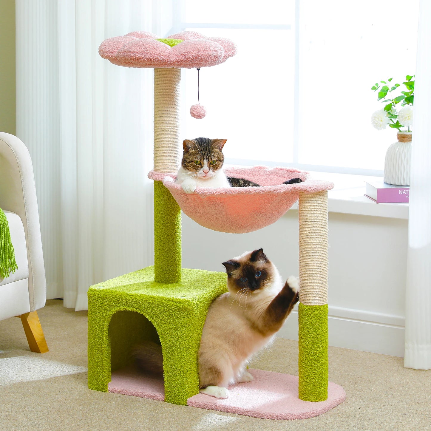 Flower Cat Tree with Large Hammock, Cute Cat Tower with Sisal Scratching Posts for Indoor, Cat Condo with Top Perch for Kittens