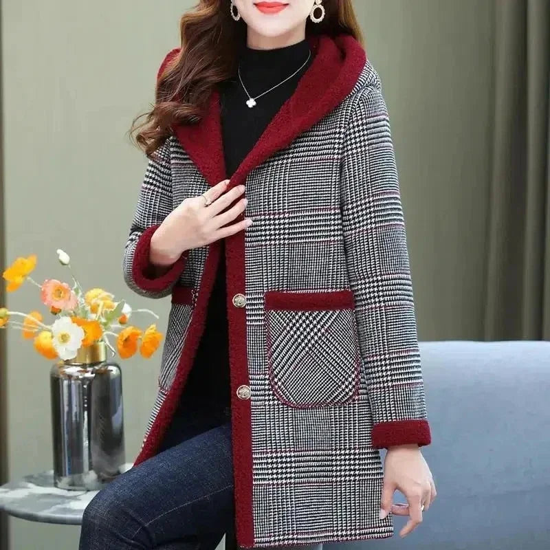 Add Velvet Plaid Coat Female Tops Middle Aged Women's Mid-Length Cotton-Padded Jackets Winter Hooded Warm Cold-Proof Overcoat