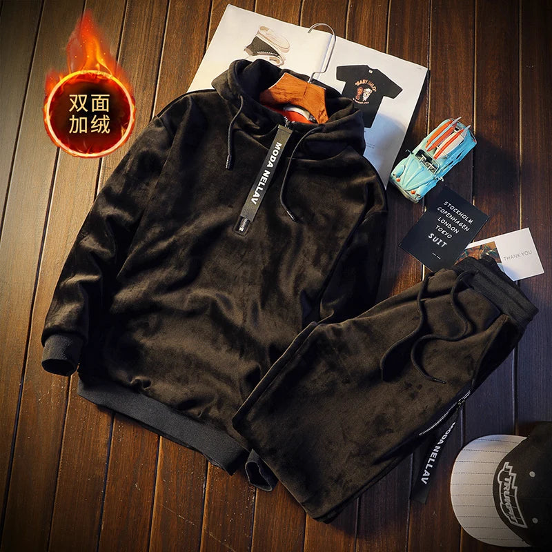 Men's Double-sided Hoodies with Pants Velvet Winter Suit Autumn New Leisure Gold Velvet Set Two Piece Tracksuit