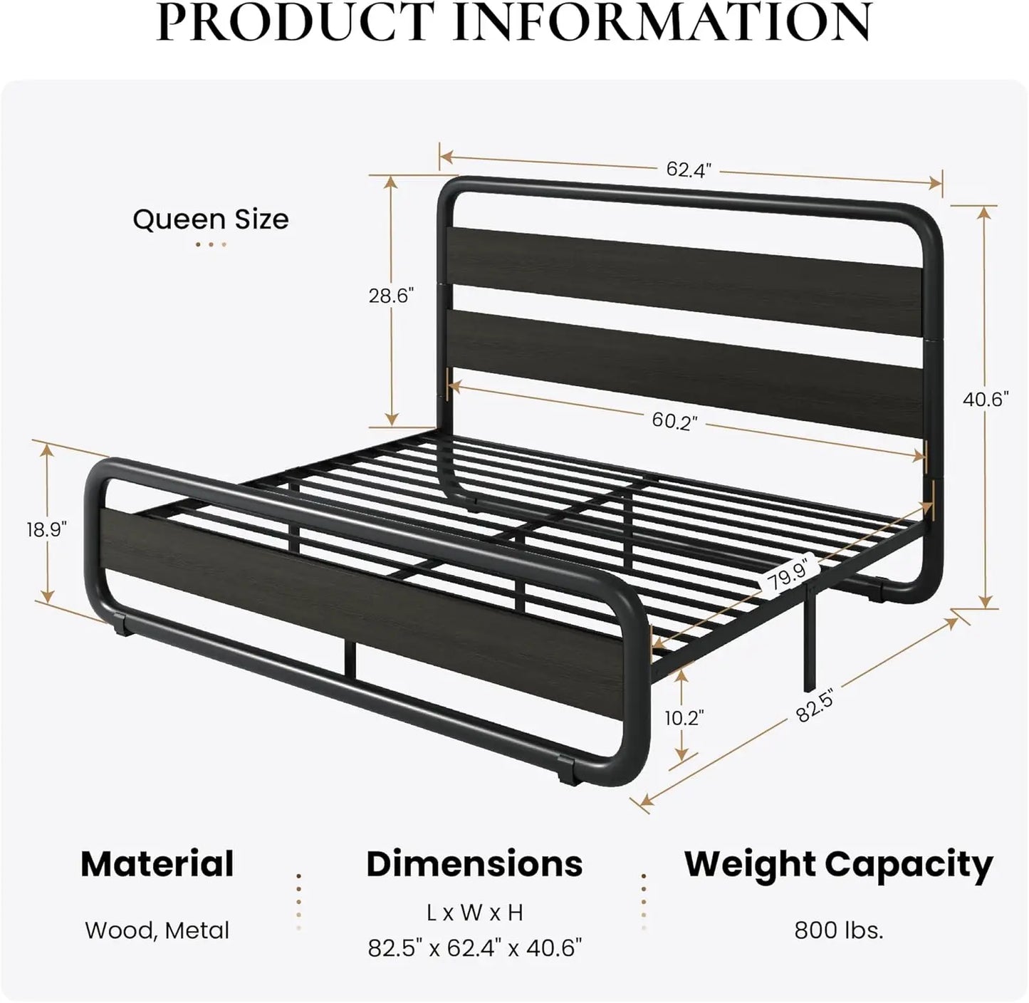 Queen Size Metal Bed Frame with Wooden Headboard , Heavy Duty Oval-Shaped Platform Bed with Under-Bed St