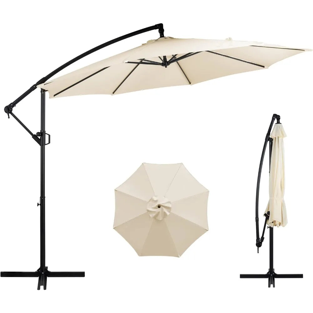 Patio Offset Umbrella w/Easy Tilt Adjustment,Crank and Cross Base, Outdoor Cantilever Hanging Umbrella with 8 Ribs