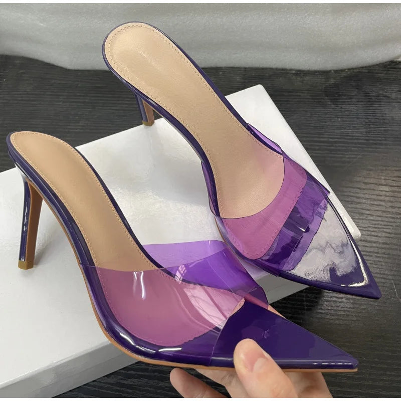 New Summer Women's High-heeled Sandals Simple Transparent High-heeled Slippers Stiletto Pointed Open-toed Slippers Mules