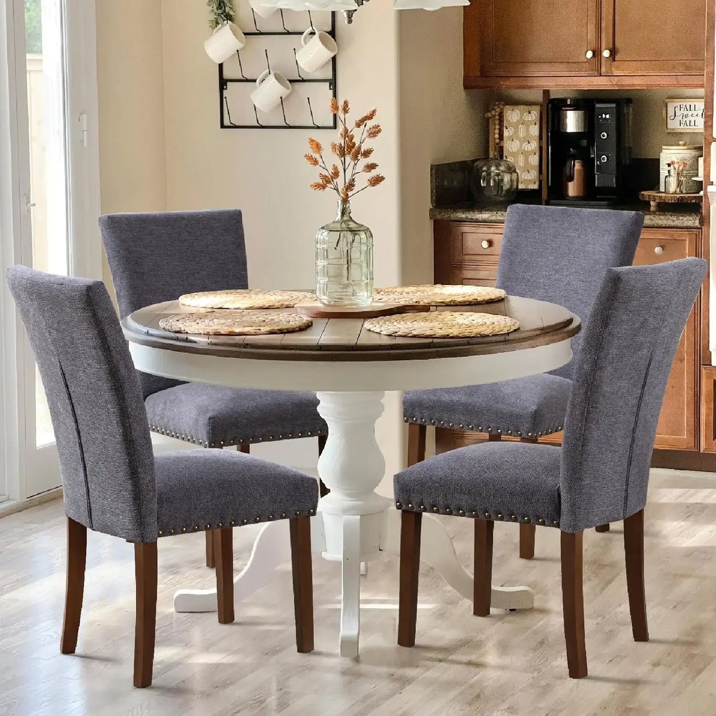 Dining Chair Set of 4 with Nailhead Trim, Wood Legs and Upholstered, Fabric Parsons Dining Chair