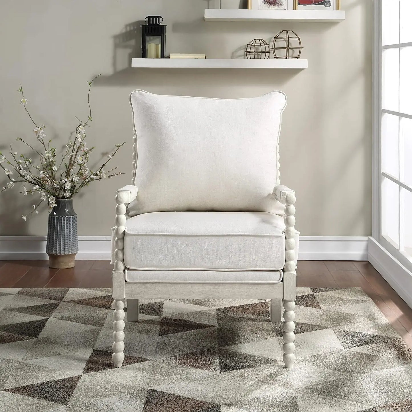 OSP Home Furnishings Kaylee Spindle Accent Chair with Antique White Wood Frame, White Linen Fabric