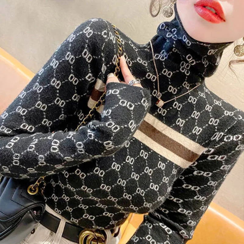 Women Clothing Fashion Striped Turtleneck Sweaters Autumn Winter Letter Jacquard Knit Pullovers Elastic Slim Soft Wool Tops