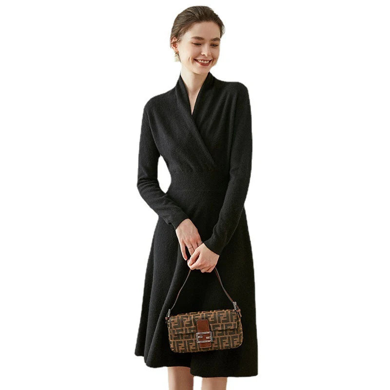 Birdtree Cashmere Wrap-up Dress Crossover V-neck Midi A-line Waist-length Over-the-knee Solid Commuting Knit Skirt D38012QD