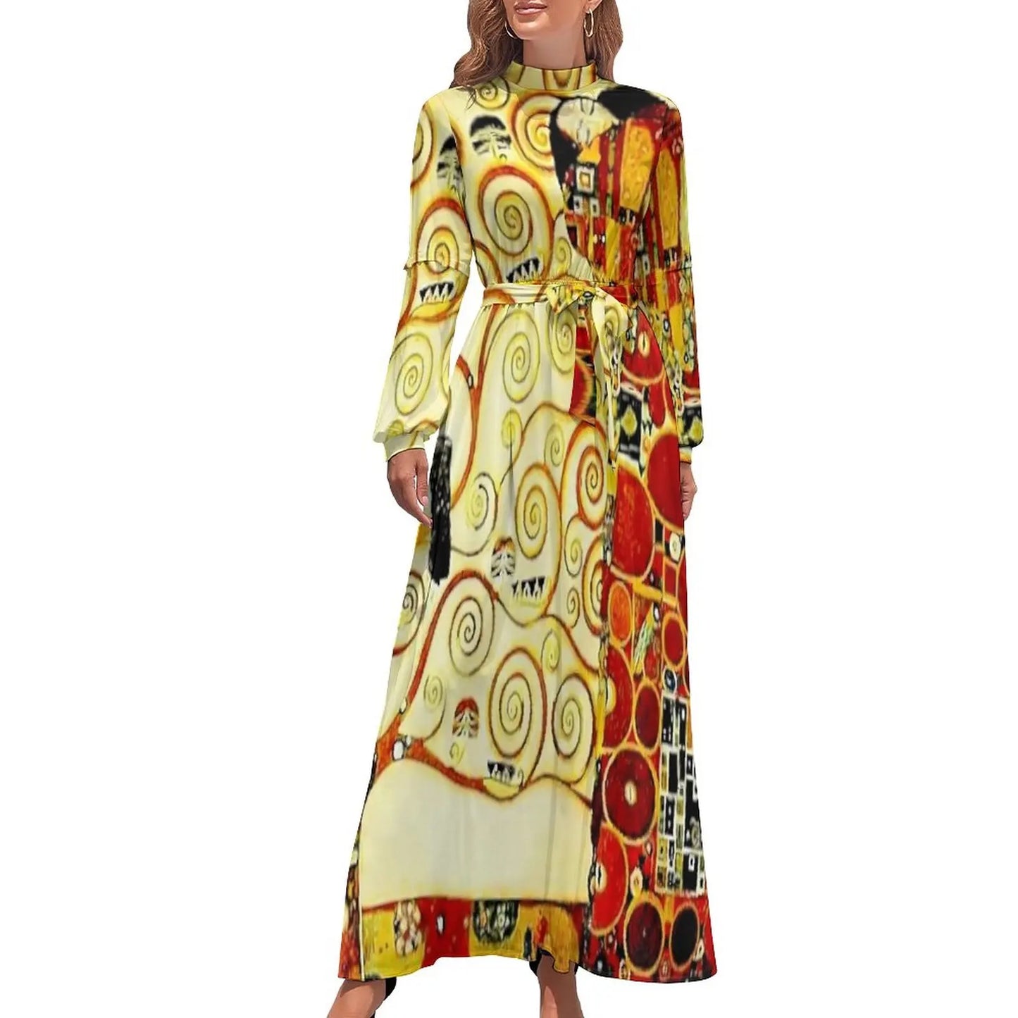 Klimt Art Dress High Neck Adele Gallery Custom Bohemia Dresses Long Sleeve Street Fashion Long Maxi Dress Cute Vestido