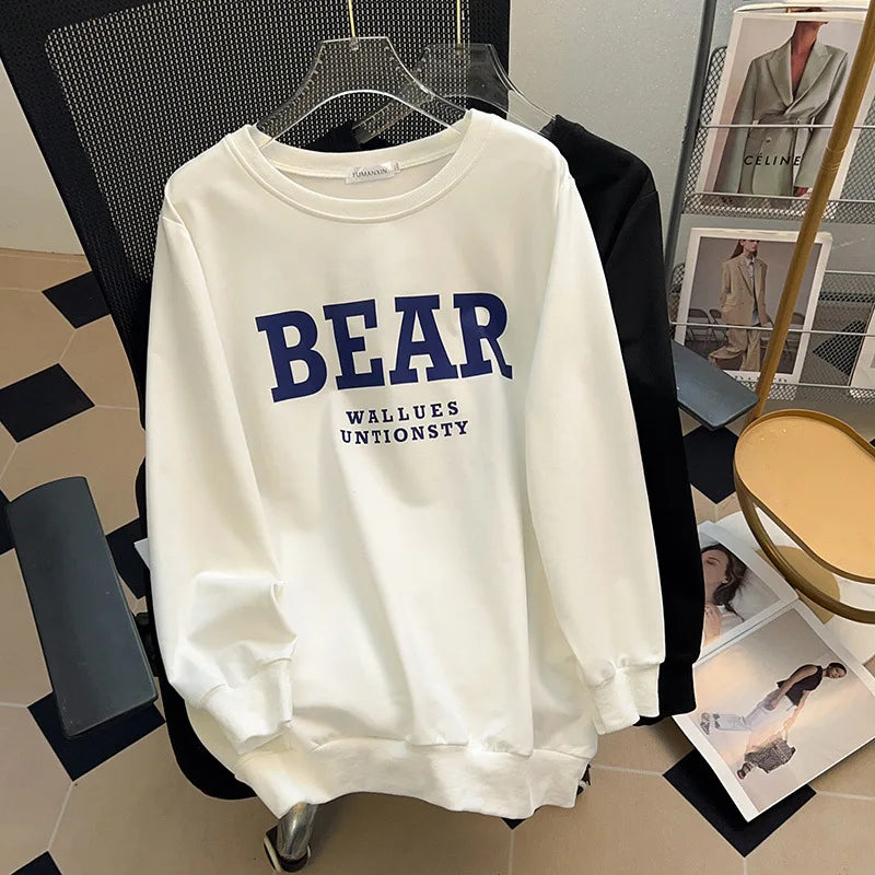 175Kg Plus Size Women's Bust 170 Spring Autumn Loose Sweatshirt Printed Letter Top Black White 6XL 7XL 8XL 9XL 10XL 11XL