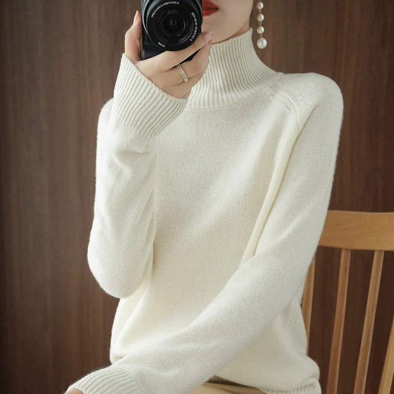 Fashion Basic Autumn Winter  Merino Wool Sweater Mock Neck Cashmere Pullover  Solid Color Soft Long Sleeve Clothing Tops