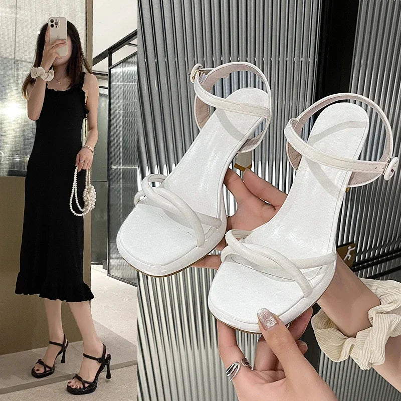 2024 Summer Low Sandals Woman Leather Suit Female Beige Women’s Shoes High Heels Low-heeled Black Comfort New Stiletto Girls