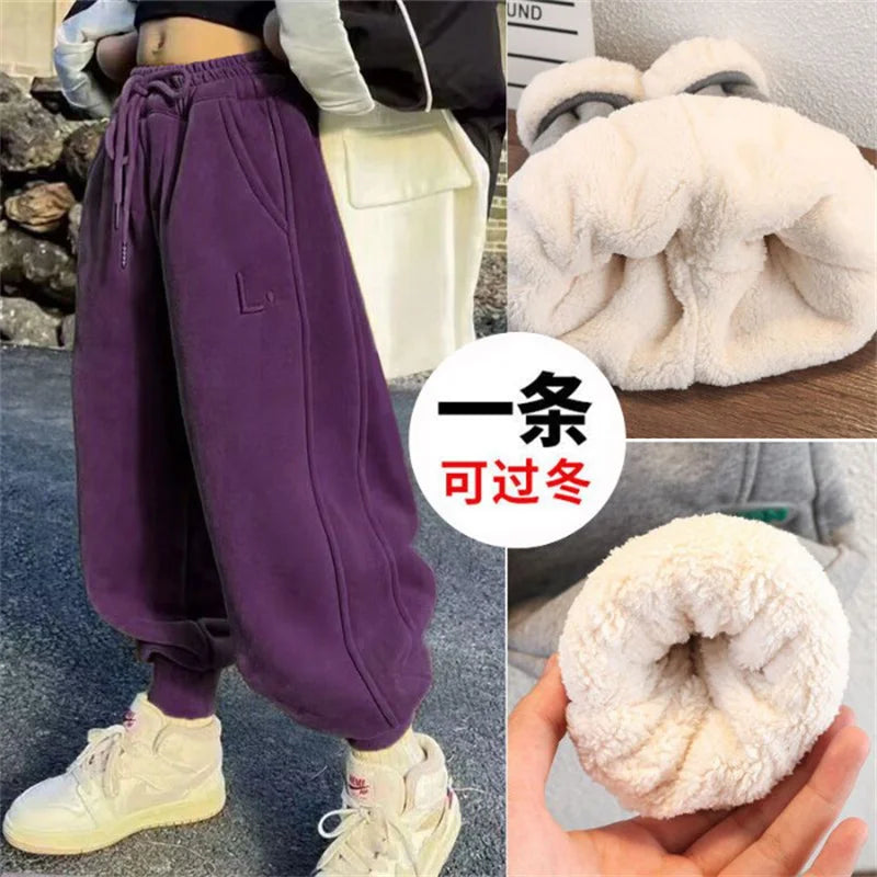 Kids Warm Cotton Pants Winter Boys Girls Thicken Trousers Children Lamb Wool Snow Clothes 4-14 Years Teenager Casual Sweatpants