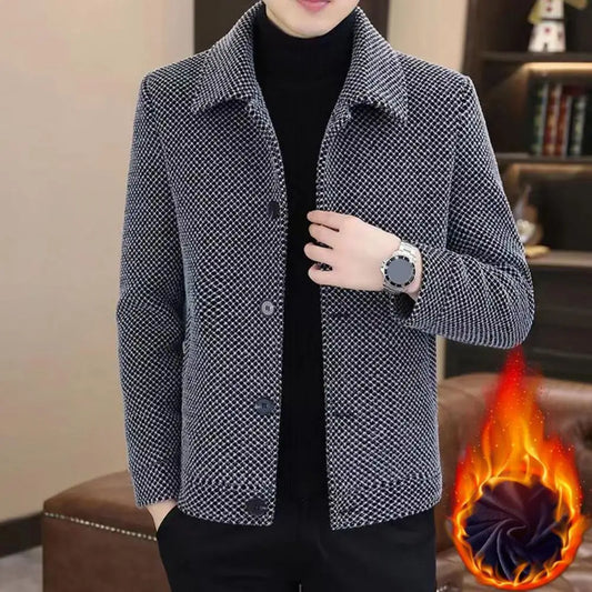 Men Coat Lapel Long Sleeve Solid Color Thickened Plush Lining Jacket Coat Autumn Winter Single-Breasted Casual Outwear