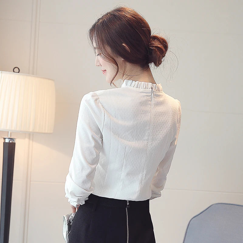 Women Shirts Blouses Long Sleeve White Shirt Chic Folds Chiffon Blouse OL Basic  Female Tops 2024 Fashion Elegant Woman Clothing