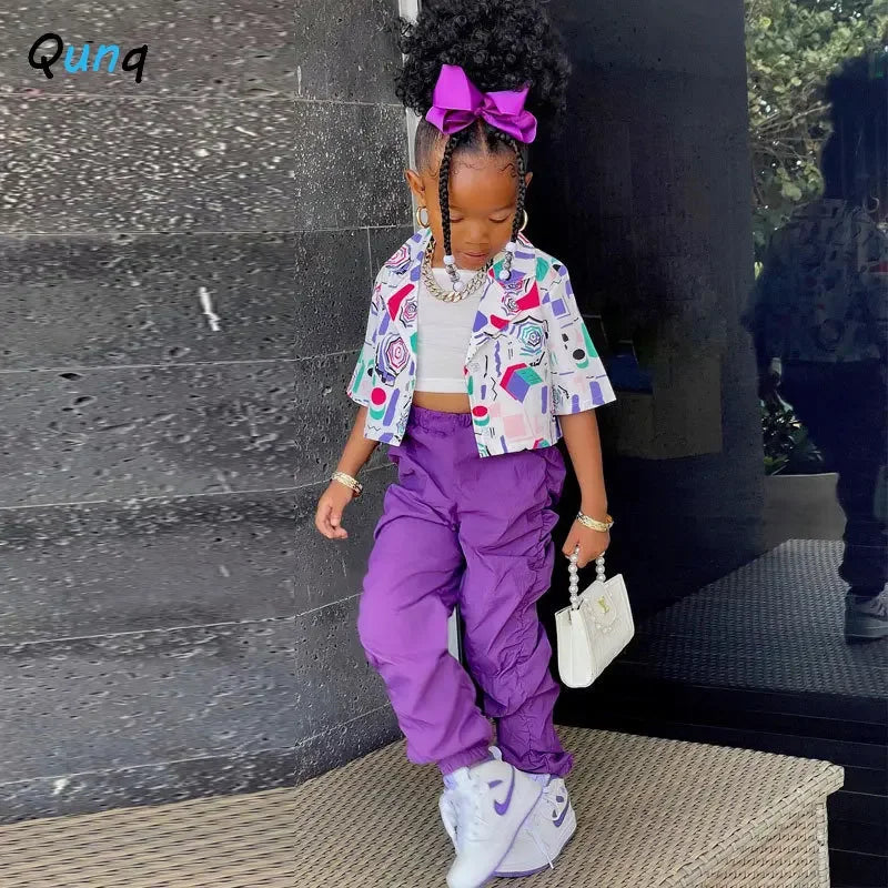 Qunq 2023 Summer INS New Boys And Girls Solid Hight Waist Loose Street Fashion Cargo Pants Sporty Casual Kids Clothes Age 3T-8T