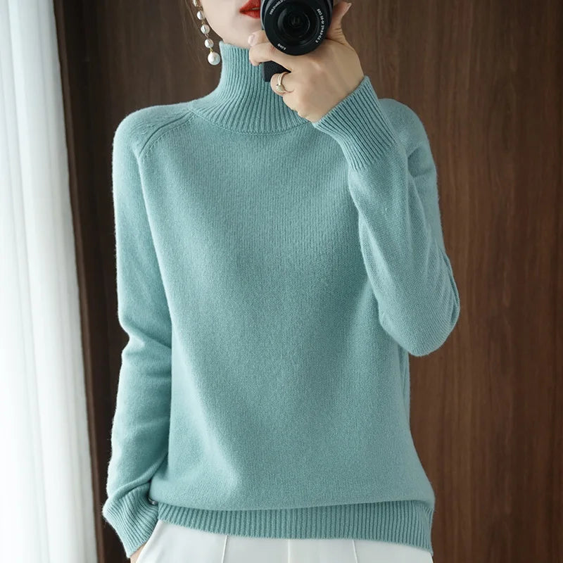 Fashion Basic Autumn Winter  Merino Wool Sweater Mock Neck Cashmere Pullover  Solid Color Soft Long Sleeve Clothing Tops