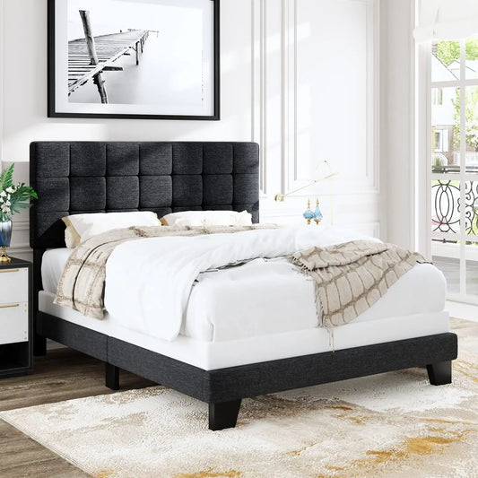 Queen Size Panel Bed Frame with Adjustable Headboard for High Profile/Fabric Upholstered/Square Stitched Padded