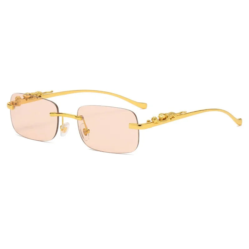 New Rimless Rectangle Vintage Metal Leopard Head Sunglasses Fashion Frameless Tinted Glasses Shades for Women Men