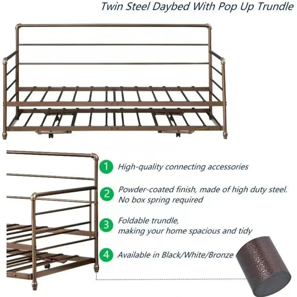 Twin Daybed with Trundle Bed Twin, Metal Daybed with Pop Up Trundle Bed Frame , Day with Pull Out for Home