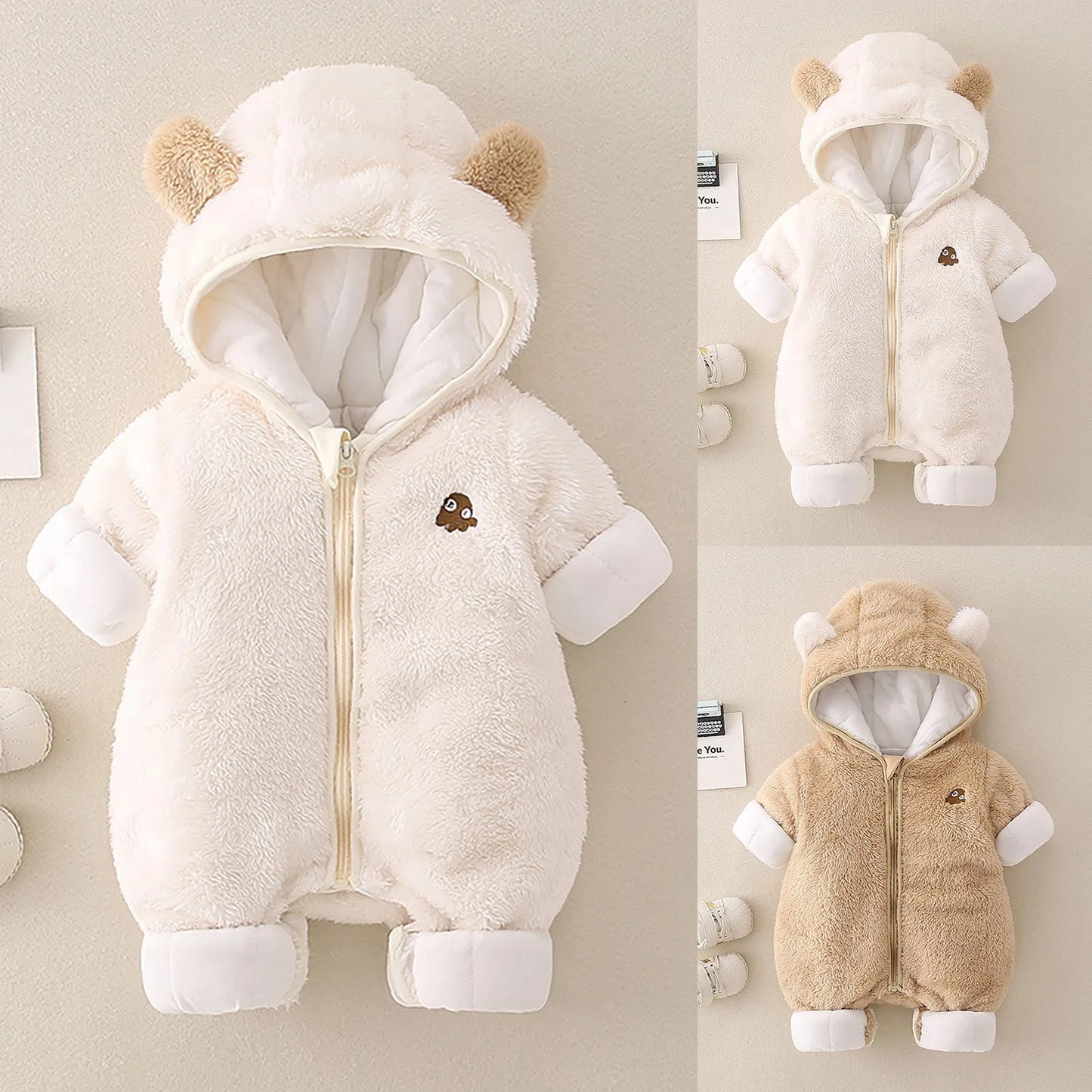 Winter NewBorn Hooded Clothes New Style Baby Boys Girls Thicken Romper Solid Color Plush Cute Overall Jumpsuit For Kids Clothing