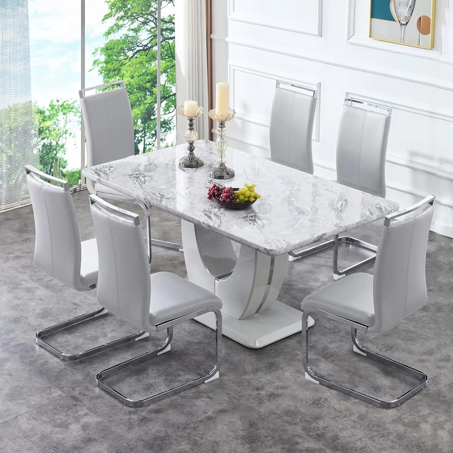 63 inch artificial marble dining table set, 6-8 inch, 7-piece rectangular dining table set, and 6 Pu leather cushioned chairs,